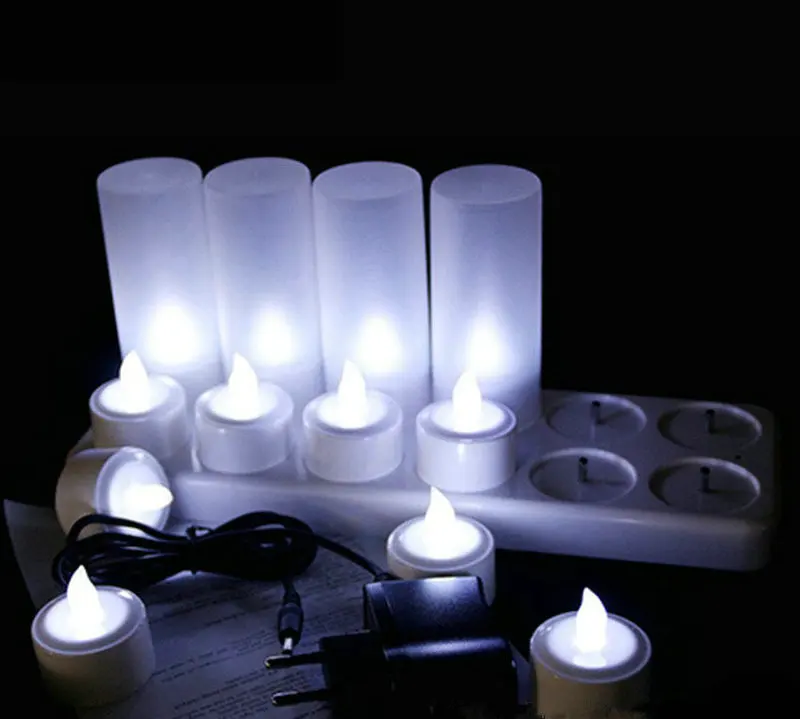 Pack of 12 Rechargeable Led candle Flameless TeaLight Electric lamp Frosted cup Waxless Home Wedding Xmas Table decor-Cold White