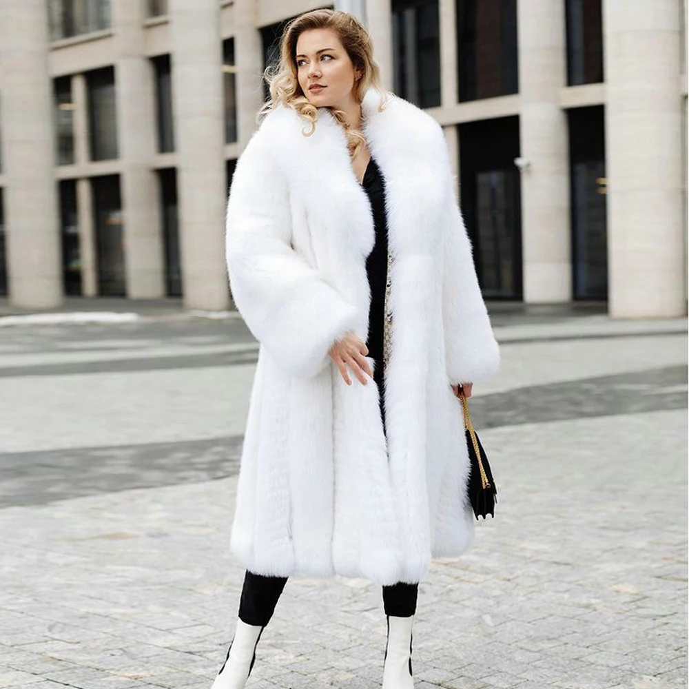 110cm Long Natural Fox Fur Coat with Turn-down Collar 2022 Winter Fashion White Genuine Pelt Fox Fur Coats Outwear Luxury Woman