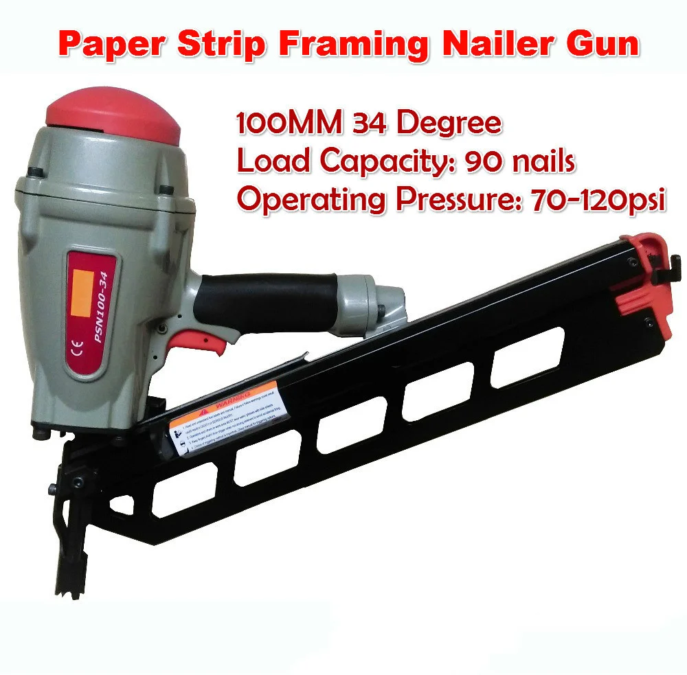 

100MM 34Degree Clipped Head Paper Strip Framing Nailer Gun Pneumatic Paper Collated Nail Gun Large Tray Oblique Row Air Nail Gun