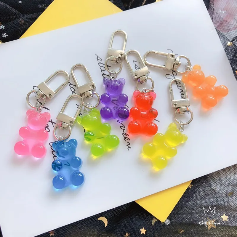 1PC Cute Girls Resin Gummy Bear Keychain For Woman Candy Color Animal Bear Key Chain Earphone Cover Jewelry Party Friends Gifts