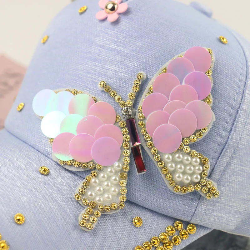 Summer Hat For Women Butterfly Diamond Studded Outdoor Baseball Cap  Ladies Casquatte Cap Metal Three Ring Sun Hat