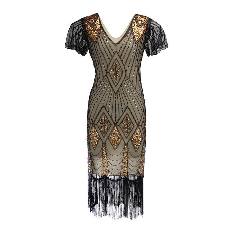 Art Deco-vestido de Flapper de los años 1920, traje de gran Gatsby con cuello en V, lentejuelas, cuentas, flecos, conjunto de accesorios de los años 20