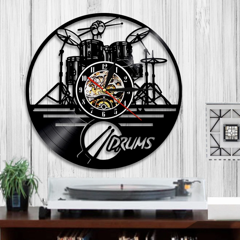 Drum Kit Silhouette Shadow Wall Clock Musical Insturment Vinyl Record Wall Clock Rock N Roll Modern Design 3D Wall Watch Clocks