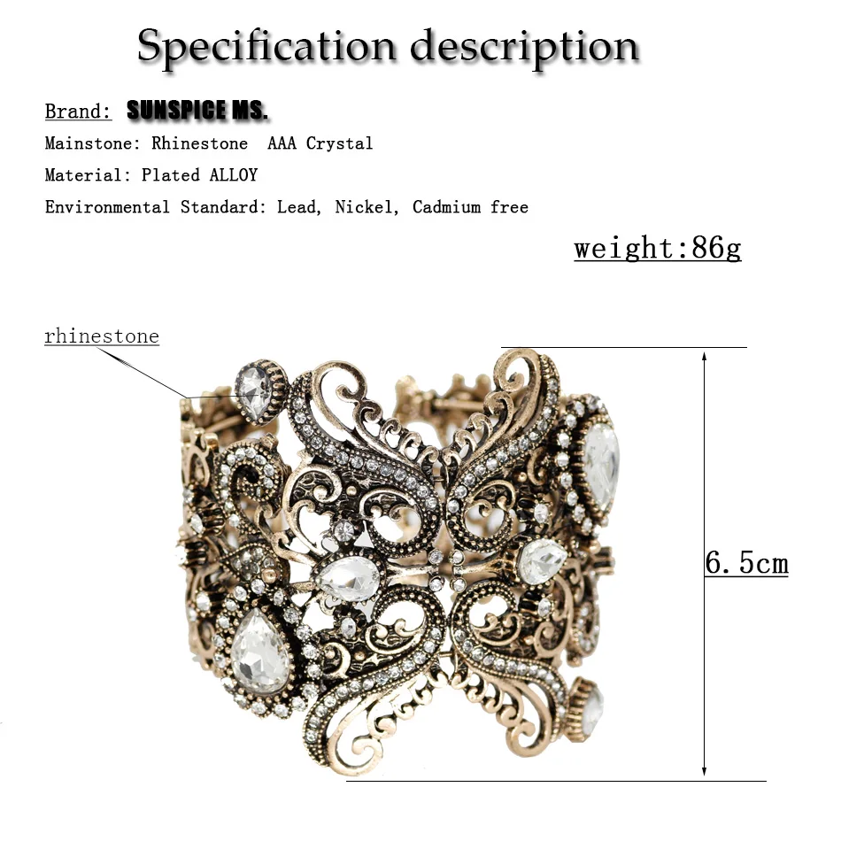 Sunspicems Retro Vintage Arabic Flower Cuff Bracelet For Women Big Crystal Bangle Leisure Jewelry Turkish Women Wedding Jewelry