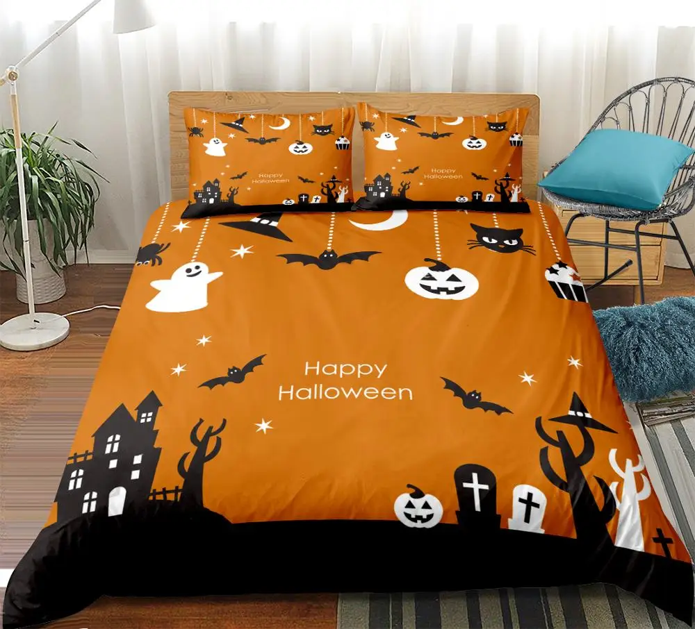 

3D Happy Halloween bedding sets 3pcs quilt cover Cartoon orange background duvet cover set pillow cases fashion bedclothes