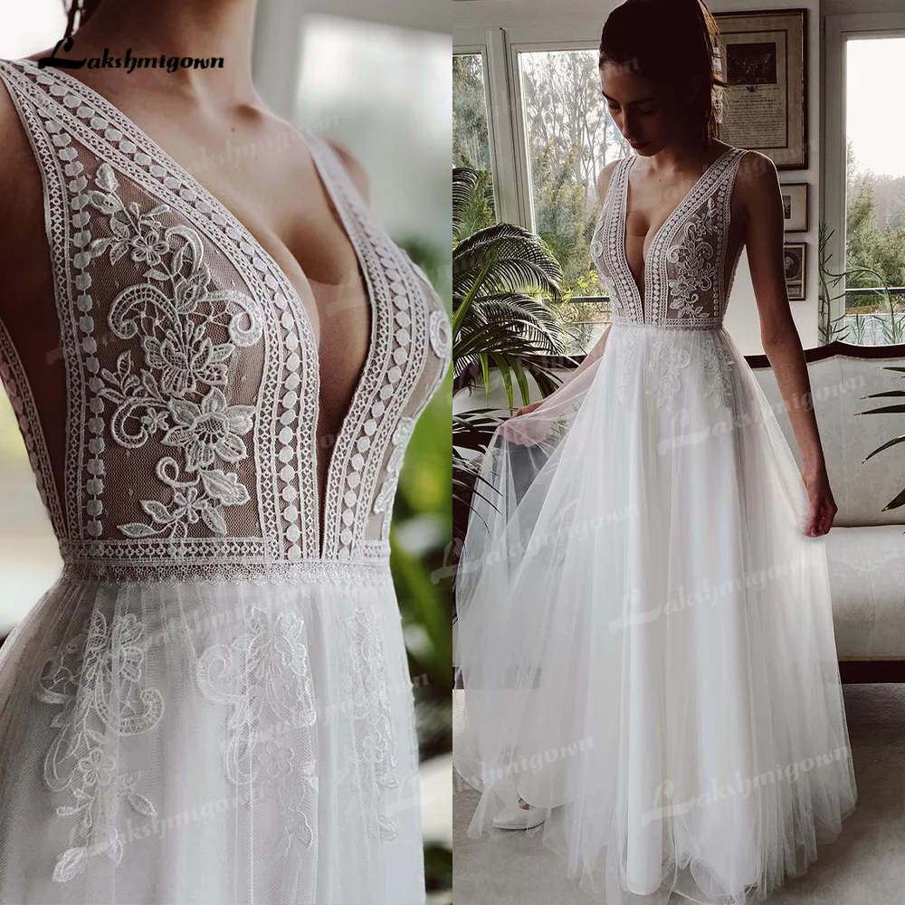 

Boho Embroidered Wedding Dresses for Women 2022 Bride A-Line Beach Floral Lace Wedding Gowns vestido de novia de tul Bridal Gown