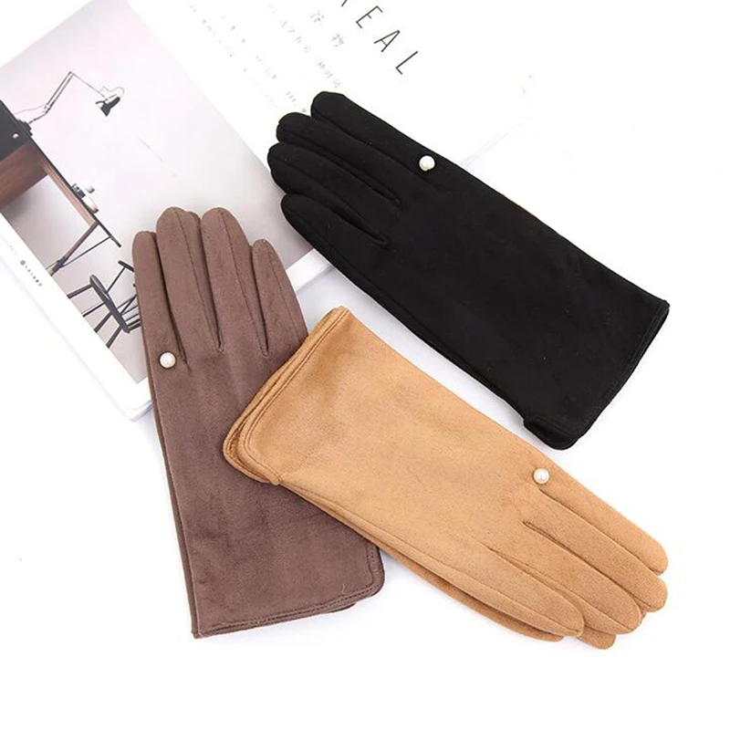 Vrouwen Winter Plus Fluwelen Dikker Warme Touch Screen Handschoenen Elegante Parel Suede Winddicht Volledige Vinger Fietsen Rijden Handschoenen K43