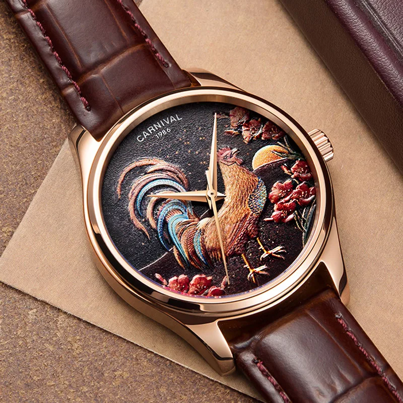 CARNIVAL Fashion 3D Rooster Pattern Unique Design Men Sapphire Watches MIYOTA Automatic Mechanical Watch Leather Strap New