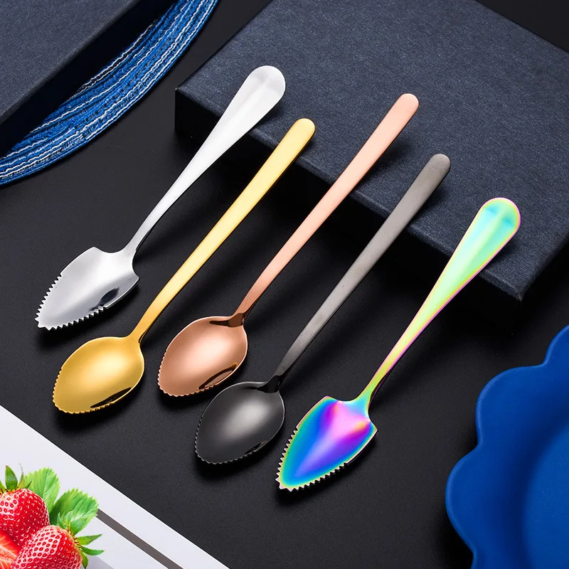 Stainless Steel Fruit Grapefruit Spoon Serrated Edge  Ice Cream Dessert Tea Coffee Stirring Spoon Kitchen Cutlery Tableware