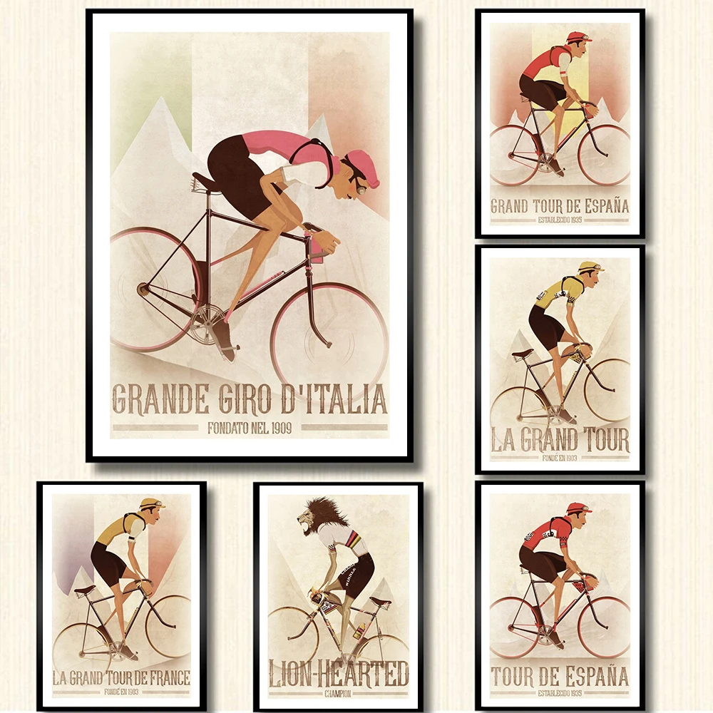 Vintage Style Sports Bike Cycling Canvas Prints France Universal Tour Cyclist Posters Wall Art Pictures Ride Gym Stadium Decor