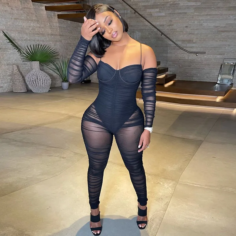 Sexy Mesh Sheer Patchwork Bodycon Jumpsuit Women Club Wear Party Birthday Outfits Off Shoulder Long Sleeve Rompers Bodysuits