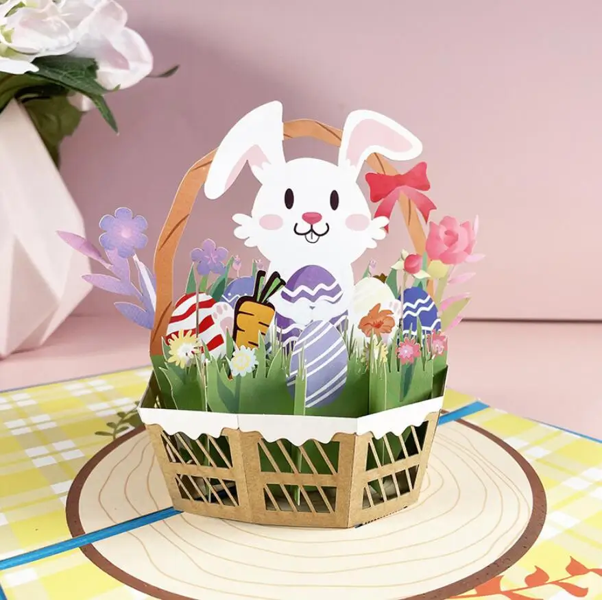 

5pcs Rabbit Basket bas Origami 3D Pop UP Greeting Card Invitation For Valentine's Day Wedding Birthday Xmas Party Souvenirs Gift