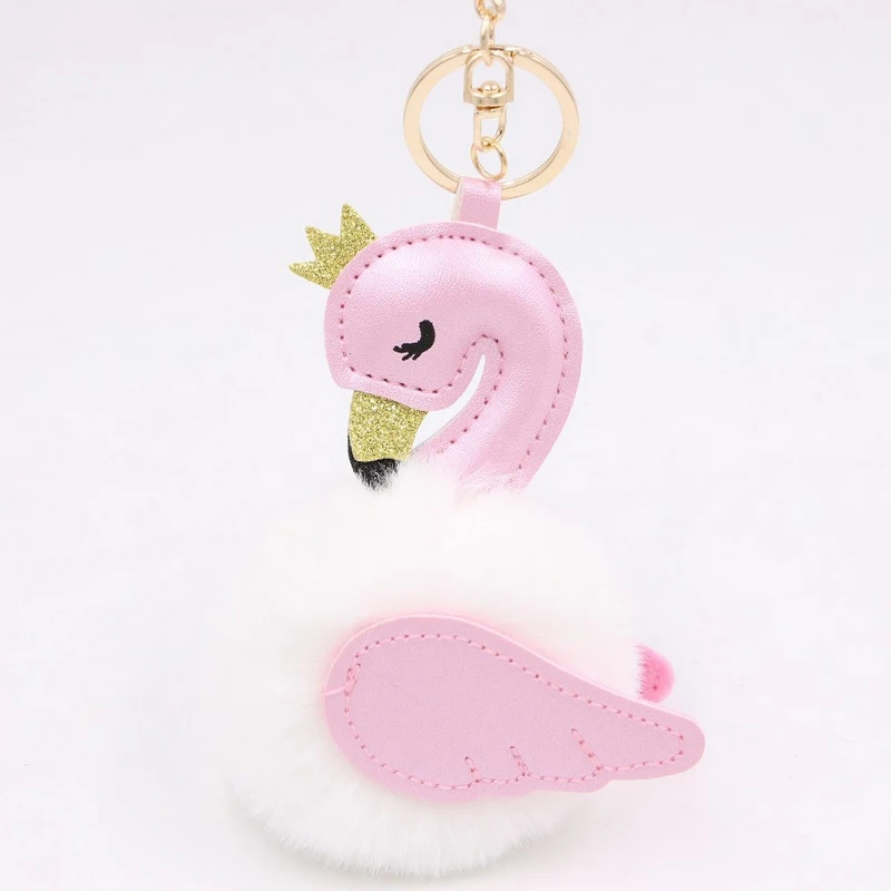 Cute Pompom Pink Flamingo Keychain For Women Fluffy Rabbit Fur Ball Swan Key Chain On Bag Car Trinket Wedding Party Girl Gift