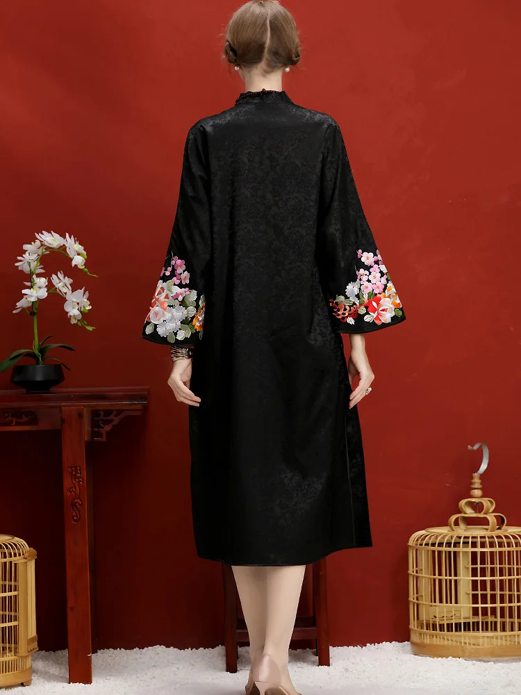 High-End Summer Women Chinese Style Floral Dress Jacquard Embroidery Cheongsam Elegant Slim Lady A-line Qipao Party Dress M