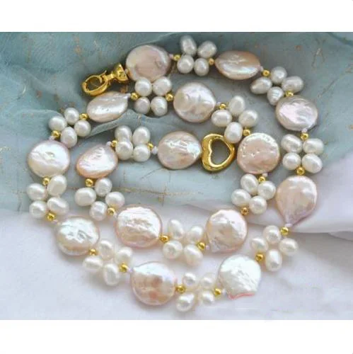 Fashion Pearl Jewelry White 14mm Coin Rice Genuine Freshwater Pearls Necklace Gold Beads Heart Clasp Handmade Nice Lady Gift