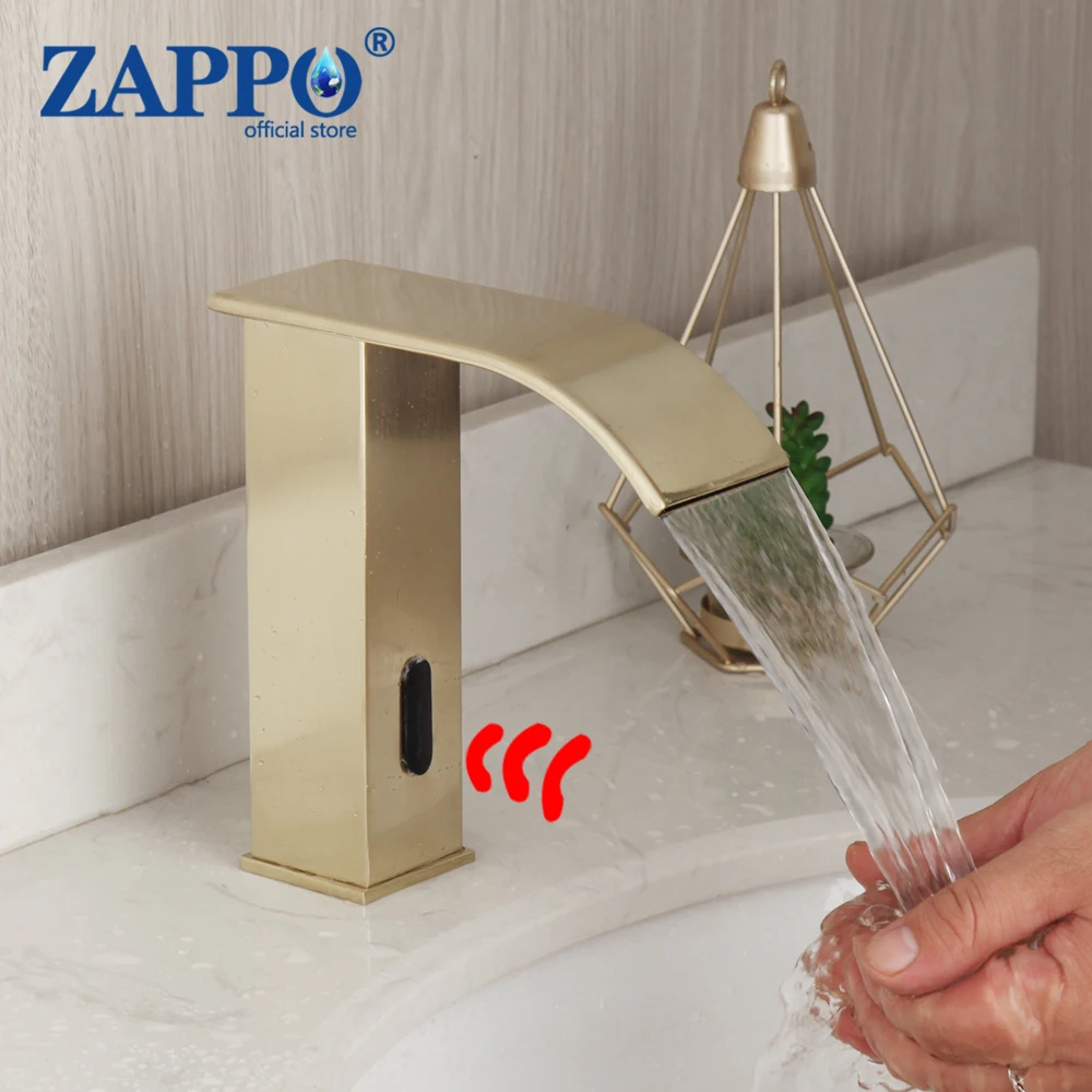 

ZAPPO Bathroom Automatic Infrared Sink Faucets Brush Gold Hands Touchless Free Faucet Sensor Tap Hot & Cold Water Mixer Tap