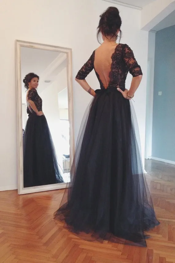 

Sexy Boat Neck Black Tulle 2018 Backless robe de soiree Prom Party Gown vestido de festa long lace appliques bridesmaid dresses