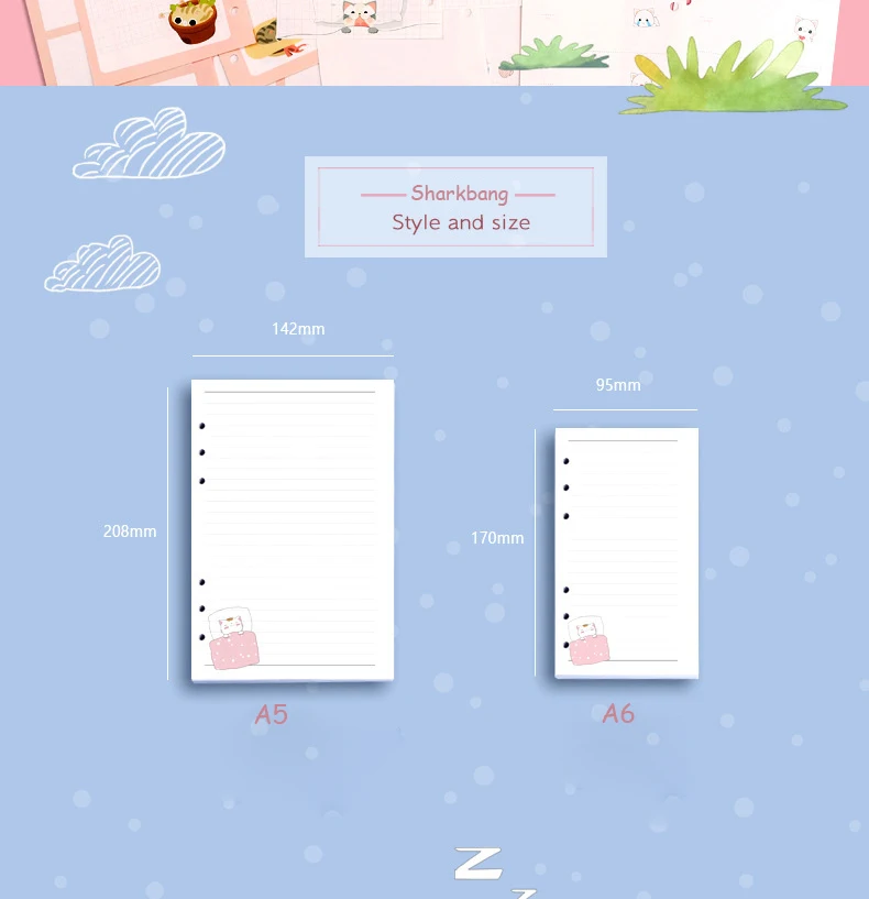 Sharkbang New 80 Sheets Kawaii Sleeping Cat A5 A6 Loose Leaf Notebook Refill Spiral Binder Inner Pages Line Grid Blank Agenda