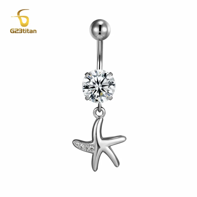 14G Titanium Starfish Pendant Belly Button Ring AAA Zircon Tentacles Dangling Navel Piercing Sweet Woman Beach Bikini Jewelry