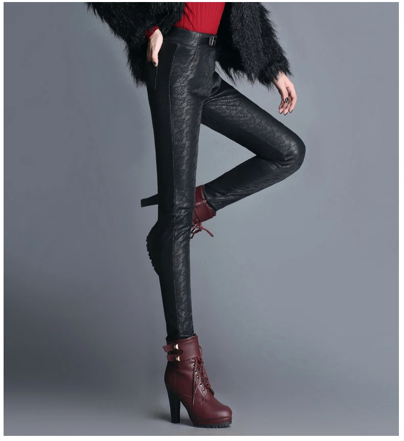 

2020 thick leather pants women's autumn and winter wear black lace stitching high waist PU leather trousers KZ526