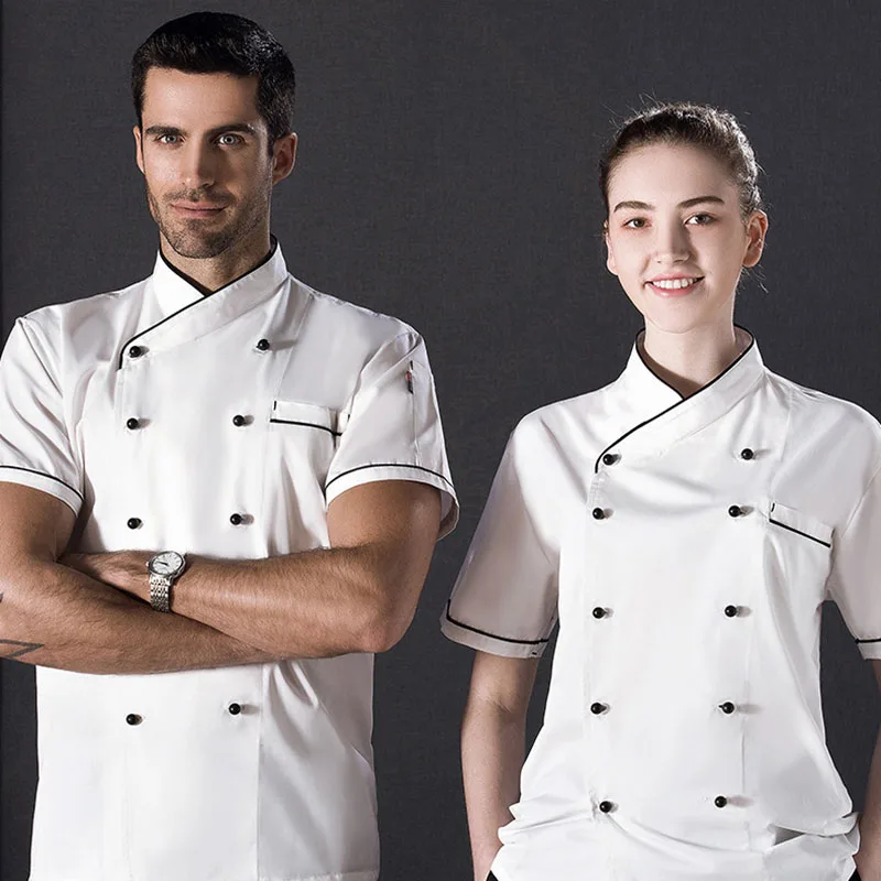 Nuevo manga corta de clásico chaqueta de Chef restaurante de verano cocinar uniformes doble-breasted de servicio de comida de trabajo ropa con bolsillos