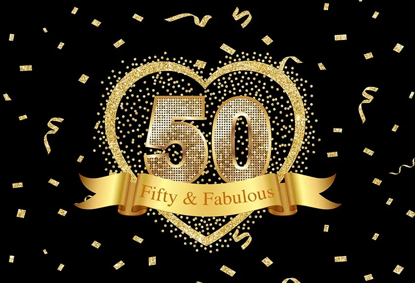 7x5FT  Gold Fifty Fabulous Happy Birthday Prom Party Heart Sequins Custom Photo Studio Backdrops Backgrounds Vinyl 220cm x 150cm