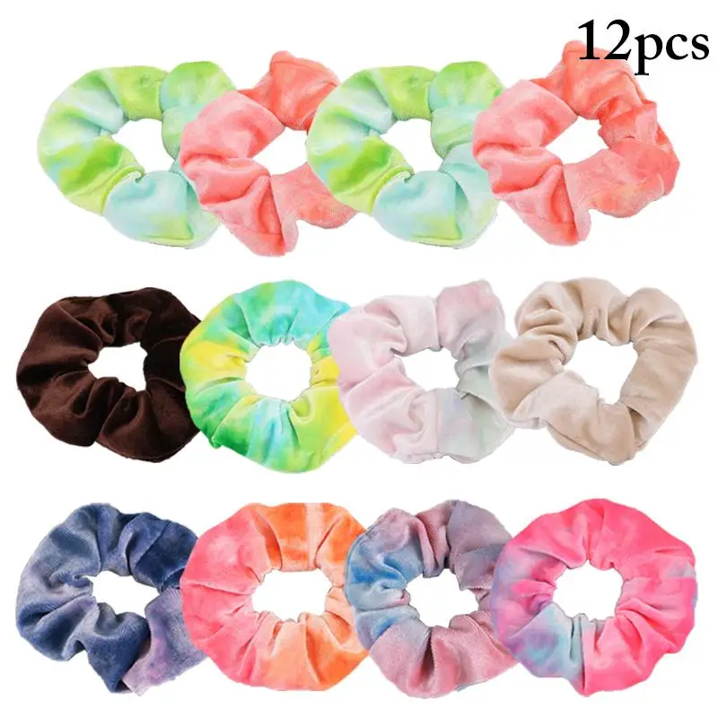 12Pcs Fashion Velvet Hair Ropes Hair Scrunchie Creative Tie-Dye Velvet Hair Tie Ponytail Holder Hair Accessories Random Color