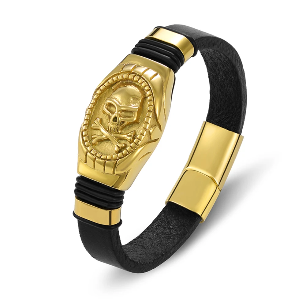TYO Fashion Charm Stainless Steel Magnet Braided Rope Leather Men Bracelet Skull Rock Bangle Vintage Retro Hip Hop Jewelry