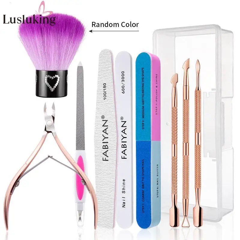 10Pcs Sanding Polishing Files Manicure Set Nail Art Nipper Scissor UV Gel Remover Cuticle Push Cleaning Brush With Storage Box