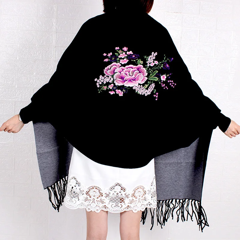 Cheongsam Shawl Women Winter Thick Knitted Embroidery Big Scarf Imitation Cashmere With Sleeves Cloak Air Conditioning Shawl