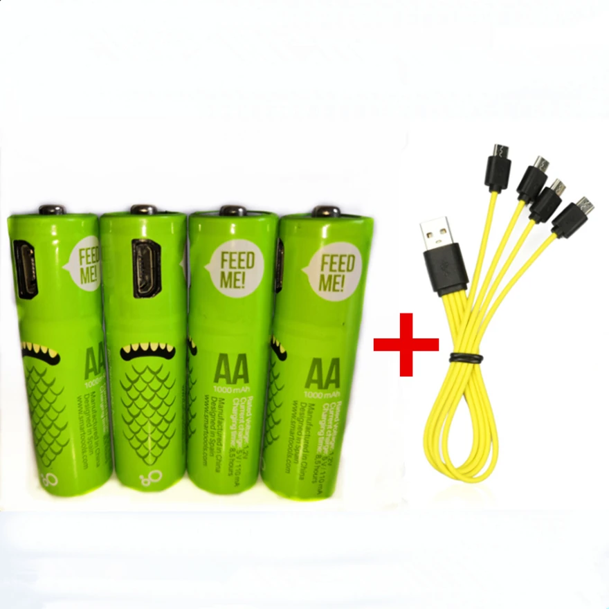 

4PCS Hot new 1.2V AA rechargeable battery 1000mAh USB Ni-MH rechargeable battery with Micro-USB fast charging cable