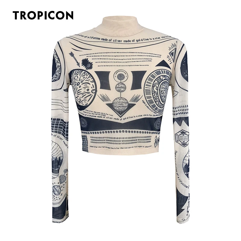 TROPICON Tattoo Mesh Crop Top Long Sleeve Tees Graphic T Shirts Women See Through High Fashion Top Aesthetic Bodycon Tshirt