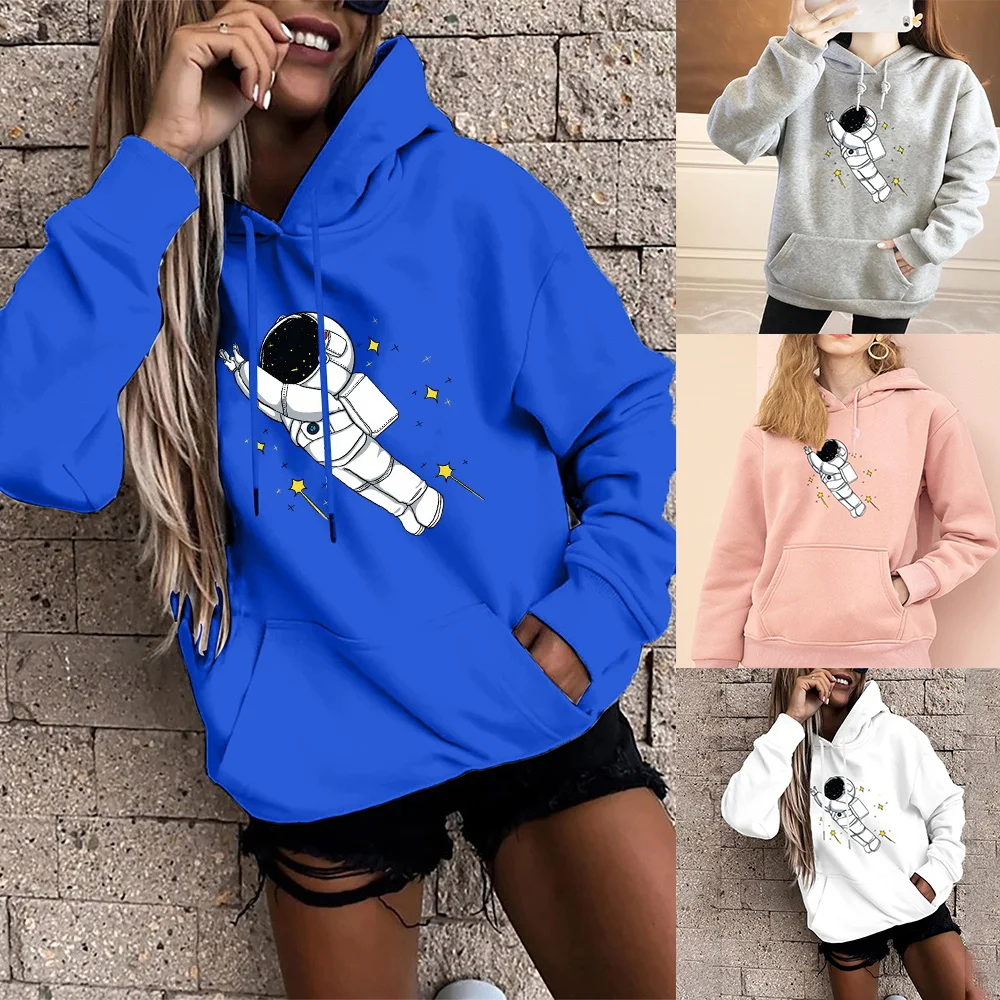 

Women's Fashion Hoodie Base Long Sleeve Top Loose Pocket Sweatshirt Girls Casual Pullover Astronaut Printed Sports Hoodies