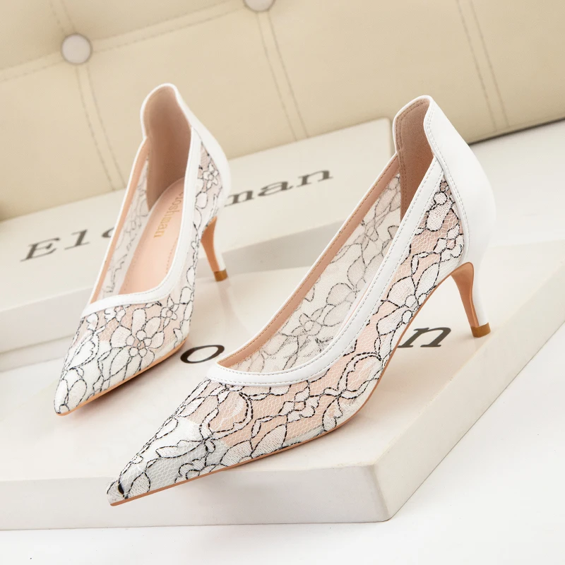 Sexy Party High Heel Shallow Pointed Side Hollow Water Drill Lace Women's Single Shoes Wedding Shoes Large Size Female Shoes