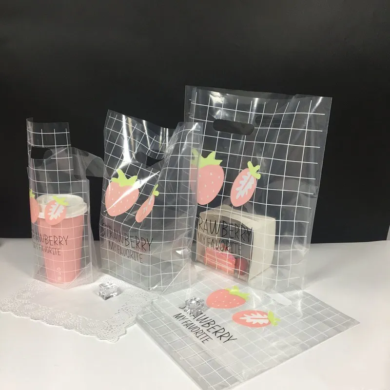 50pc Transparent PE Plastic Bags Pink Strawberry Pattern Bread Cake Packaging Bag Store Shopping Bag Wedding Cute Candy Gift Bag