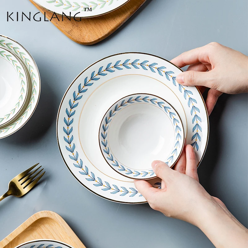 KINGLANG New Leaf Rim Golden Ceramic Dinner Plate Wholesale Porcelain Rice Salad Bowl Dessert Cake Dish