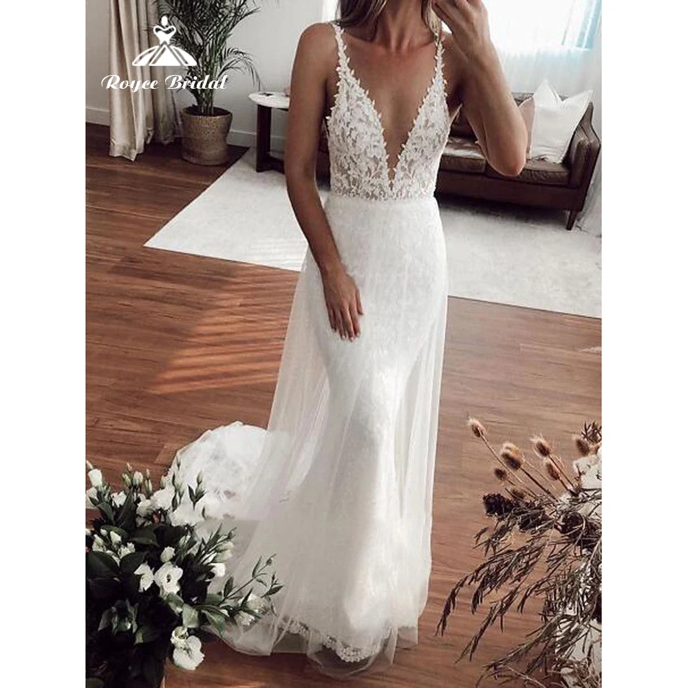 Vestido de novia de encaje con escote en V profundo y tirantes finos, traje de novia Sexy con apliques de sirena, longitud hasta el suelo, 2022