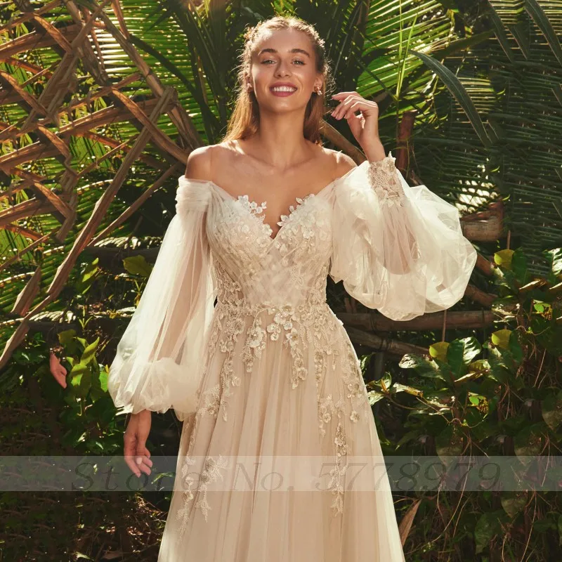 2021 Thinyfull Princess Long Puffy Sleeve Wedding Dresses A Line Sheer Scoop Neck Bride Dresses Lace Appliques Tulle Bridal Gown