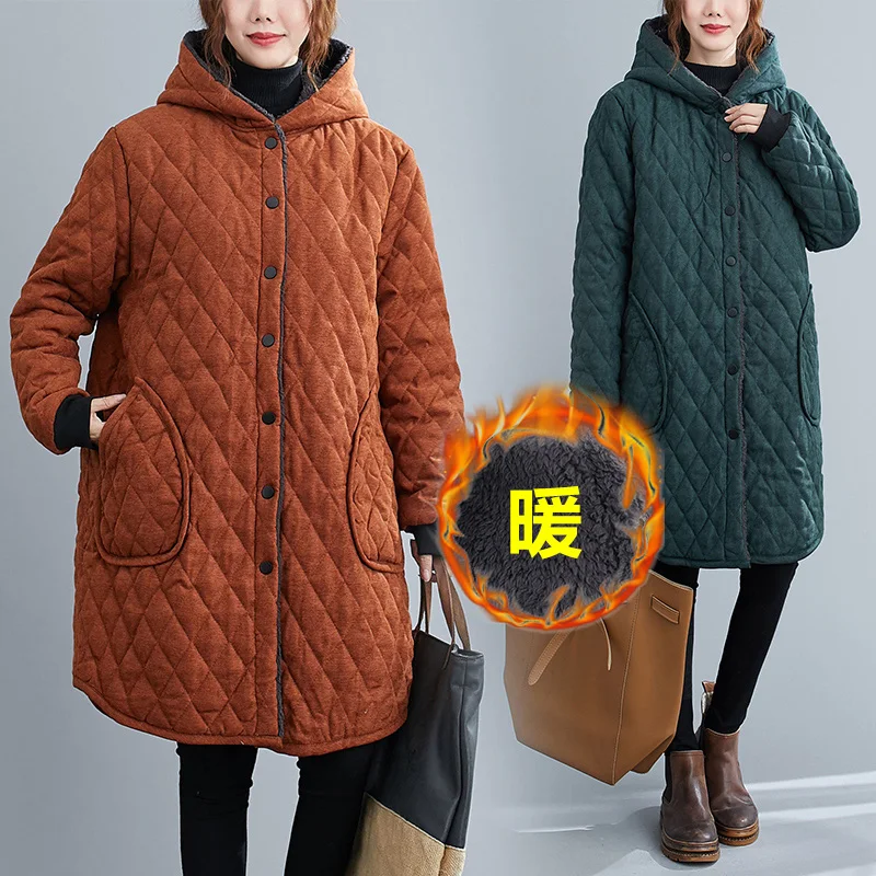 

2024 New Winter Chaqueta Casual Cotton Padded Clothes Quilted Velvet Thickening Cold-Proof Soft Hooded Coat Women's Jacket