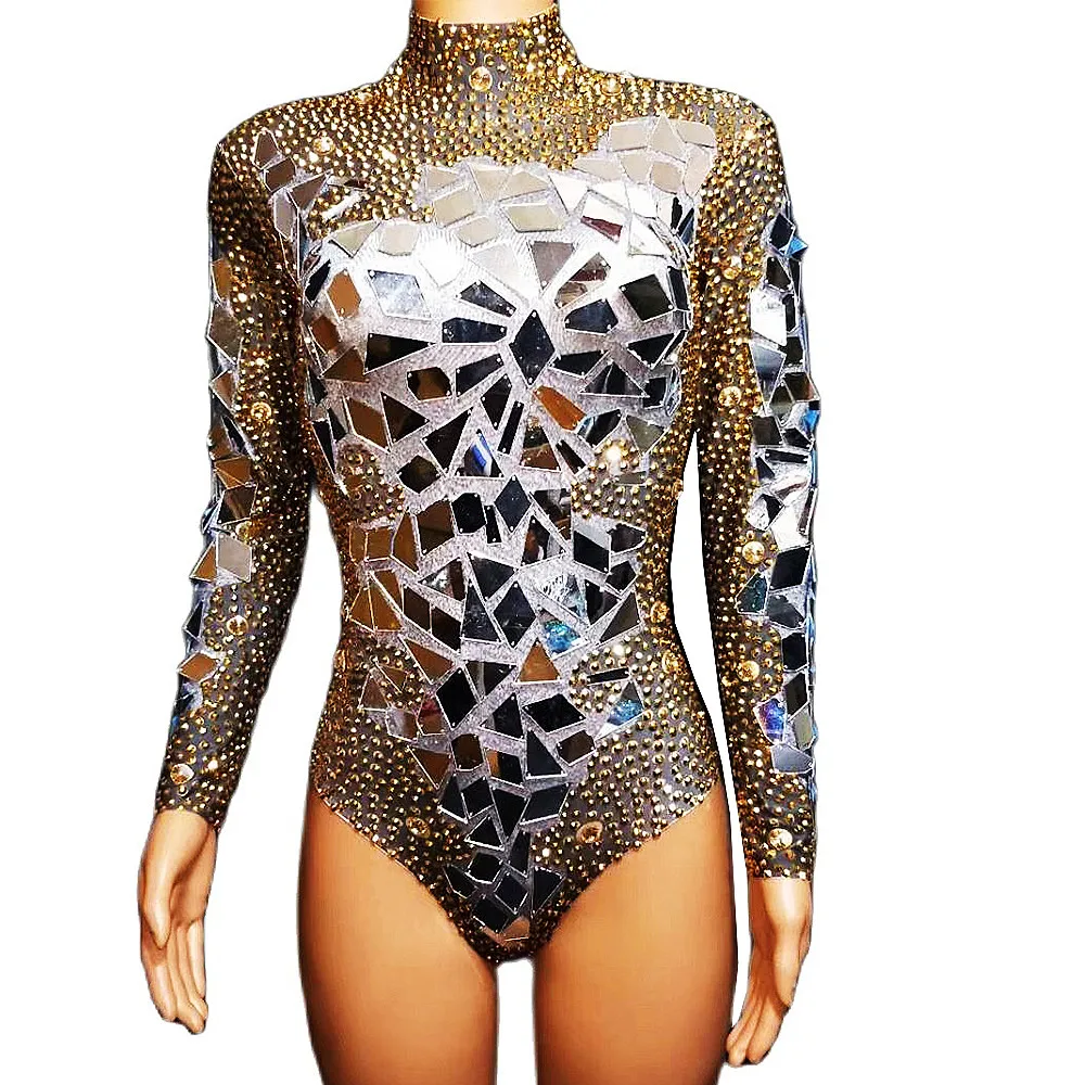 

Shiny Costume For Women Mirror Sequins Gold Rhinestones Bodysuit Turtleneck Backless Bodycon Nightclub Outfit Performance Suit