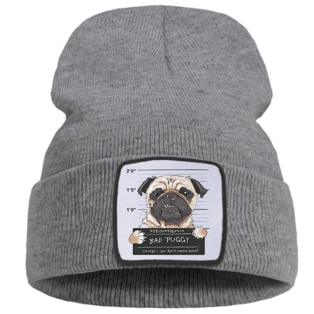 Hut Schlechte Puggy Lustige Drucken Männer Herbst Stricken Hüte Warm Straße Harajuku Frauen Casual Winter Hut Cotoon Mode Ski Caps für Jungen