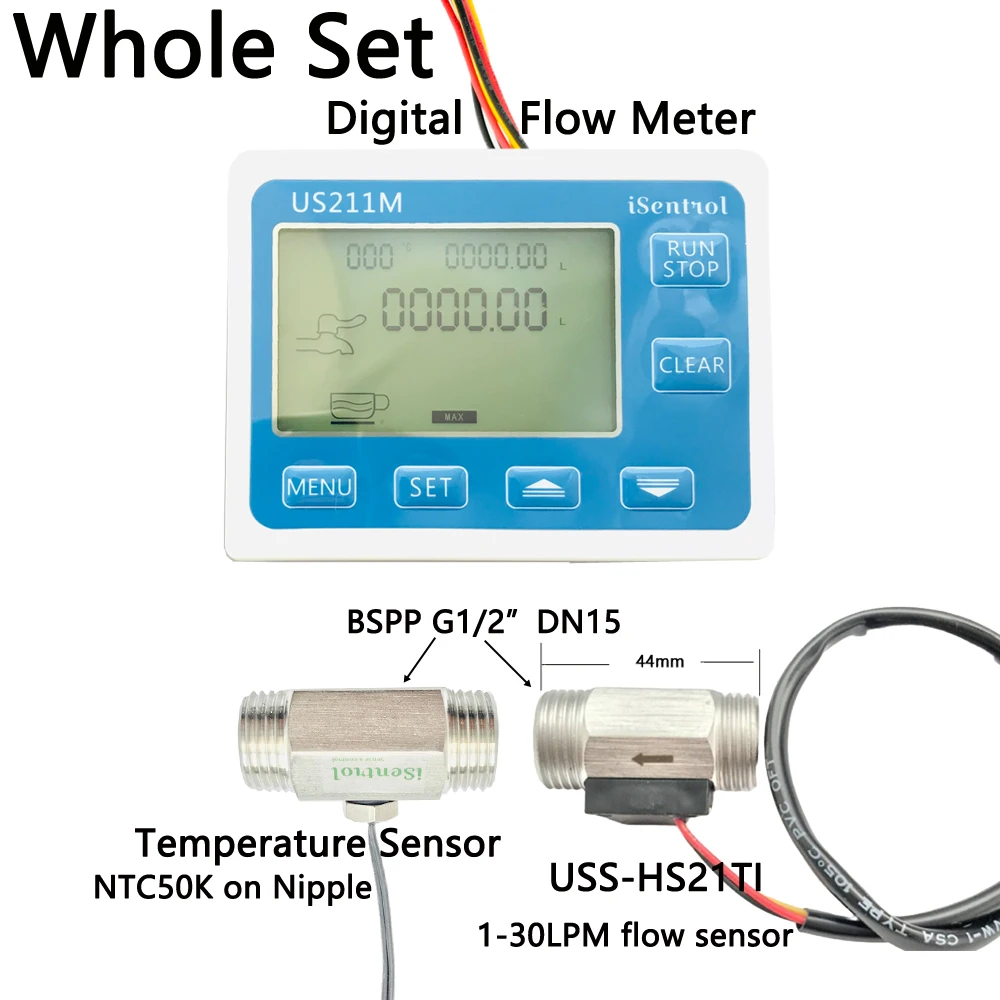 US211M Water Flow Meter Totalizer with SUS304 Stainless Steel USS-HS21TI 1-30L/min Liquid Meter with Temperature Nipple iowmeter