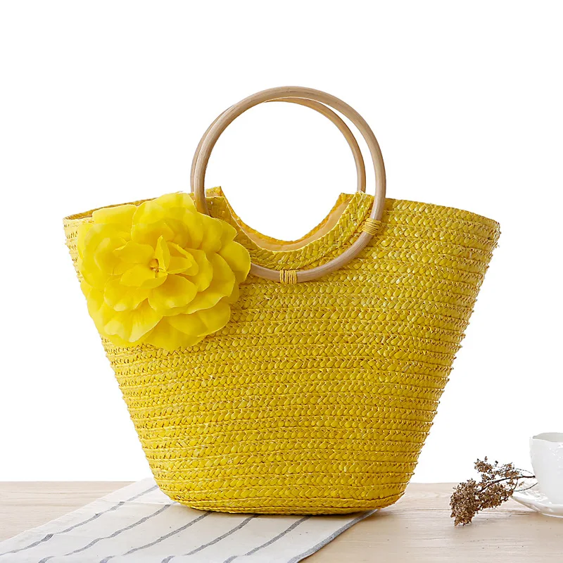 40x28CM Neue Rattan Griff Woven Tasche Blume Hand Tragen Stroh Strand Tasche a7185