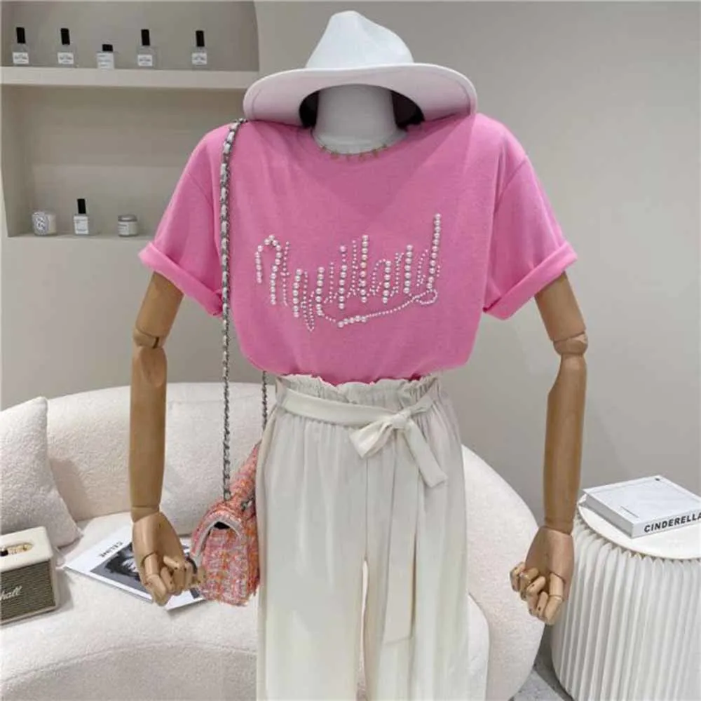 2022 Summer Women's Loose Large Size Cotton Round Neck Letter Heavy Beaded Half-sleeved T-shirt Top Shirts for Women