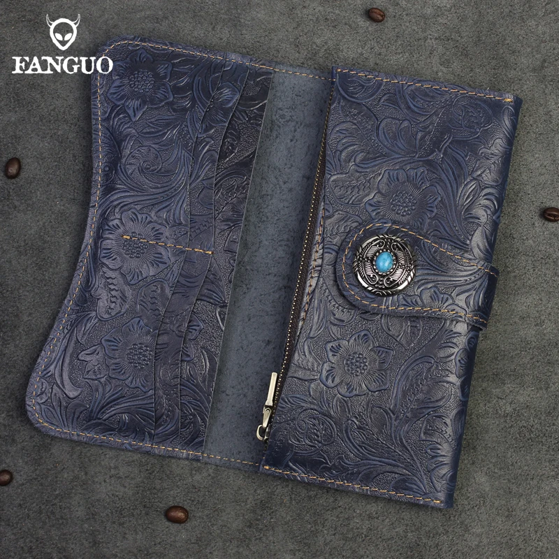Handmade Genuine Leather Women Wallet Retro Classic Long Purse Mulit-function Phone Holder Credit Card Slot With Zipper Pocket