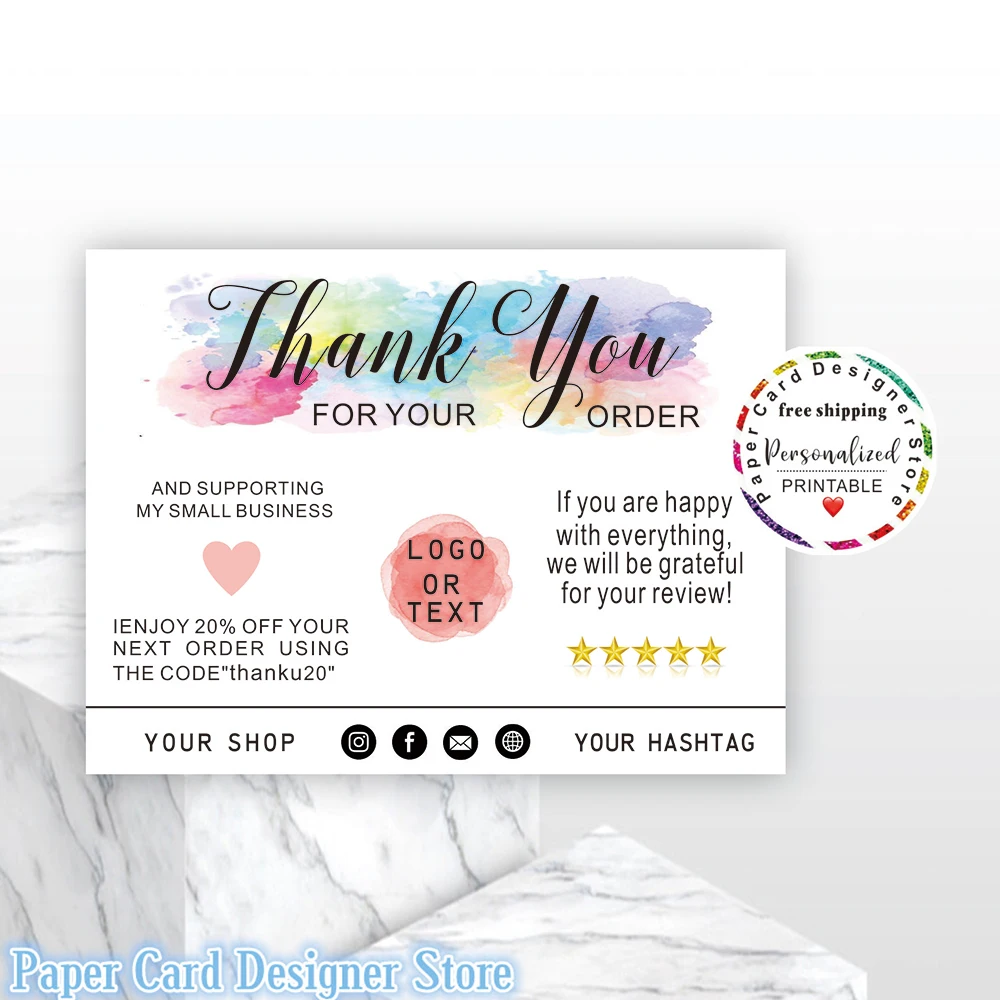 

Customized Unicorn Watercolors Modern Business Insert card Social Media Packaging Cards Thank You For Your Order Insert Card