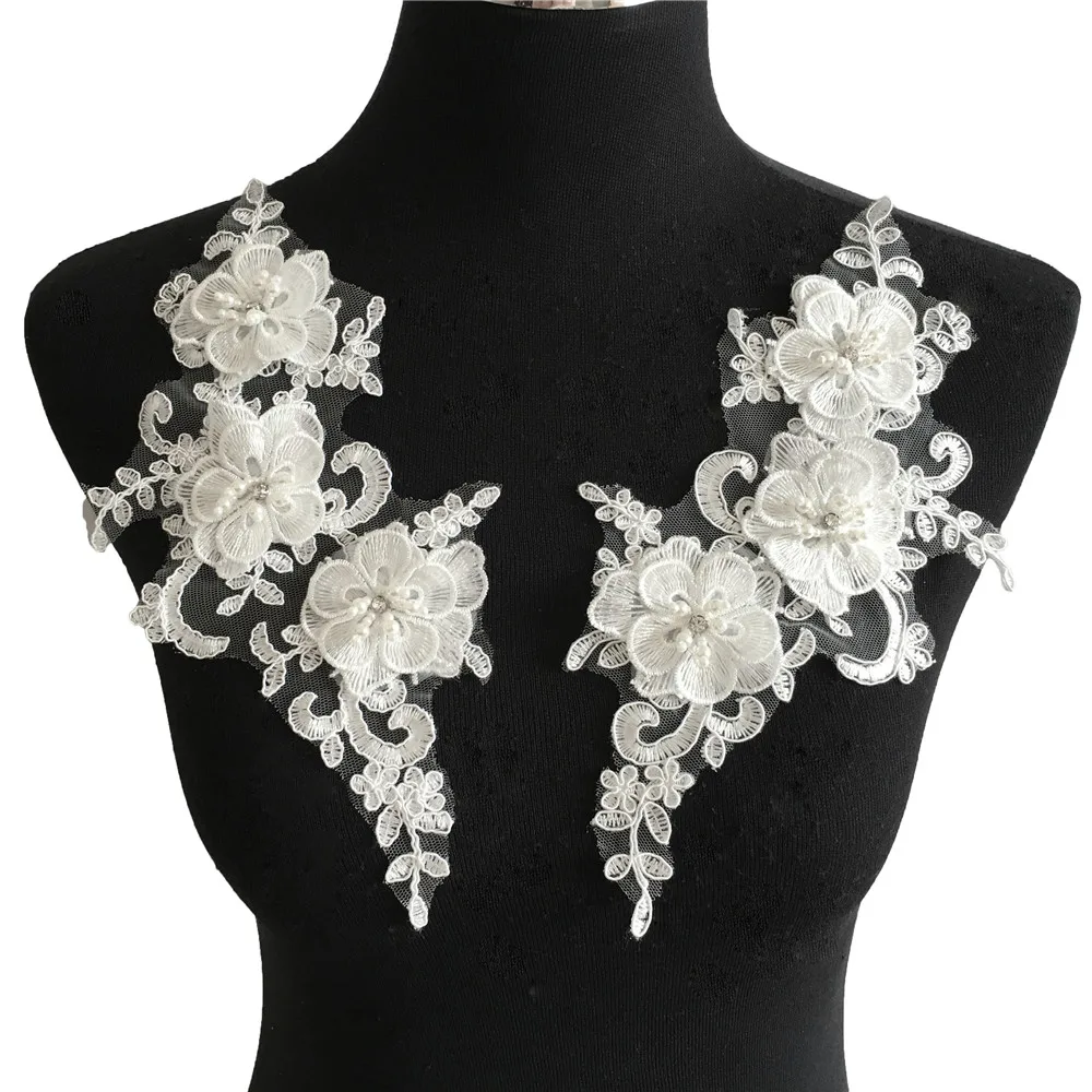 New arrive White 3D flower Embroidery Applique Lace Fabric Venise Sewing DIY Trim ABS pearl Lace Collar for Dresses Accessories