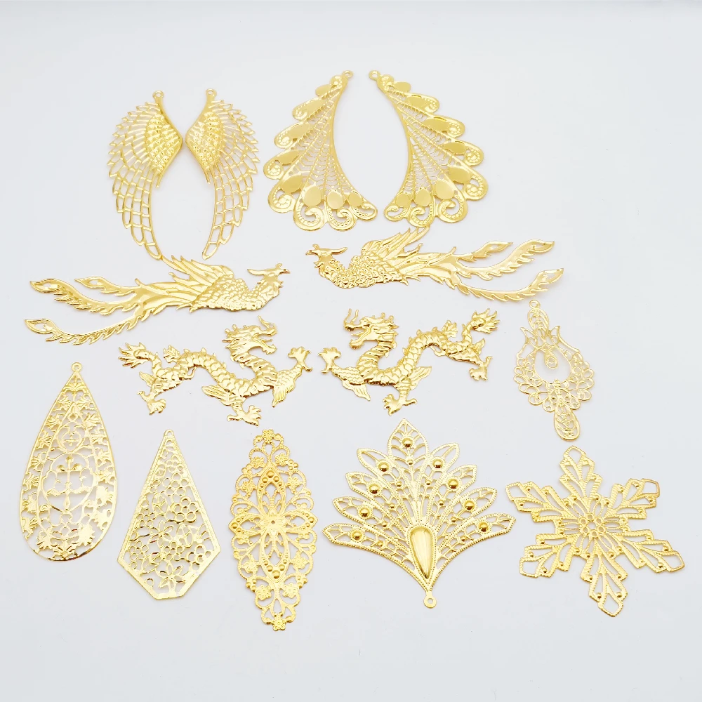 10 Pieces Gold color Phoenix dragon Metal Filigree Big Flowers Slice Charms Wrap Connector Jewelry DIY Components Hair Accessory