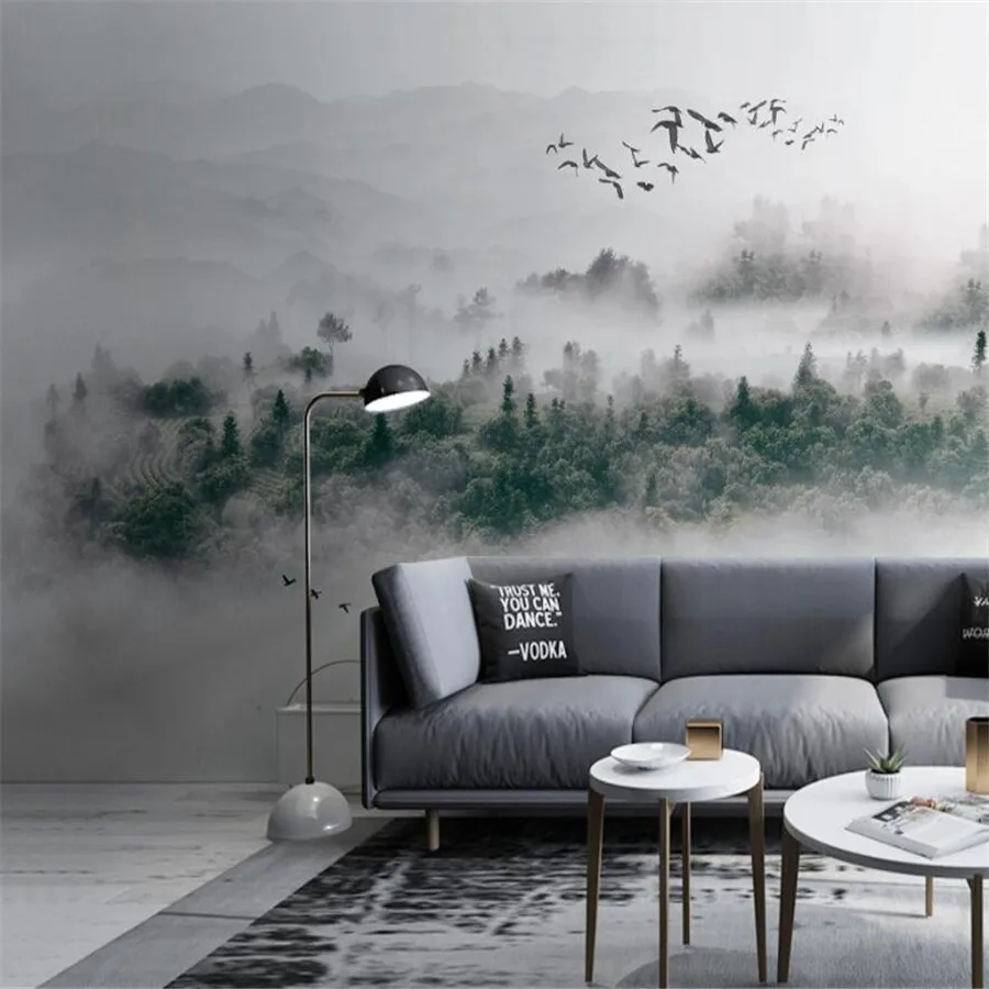 

Milofi 3D Wallpaper Minimalist Nordic Style Birds Fog Pine Forest Clouds and Fog TV Background Wall Decoration Painting