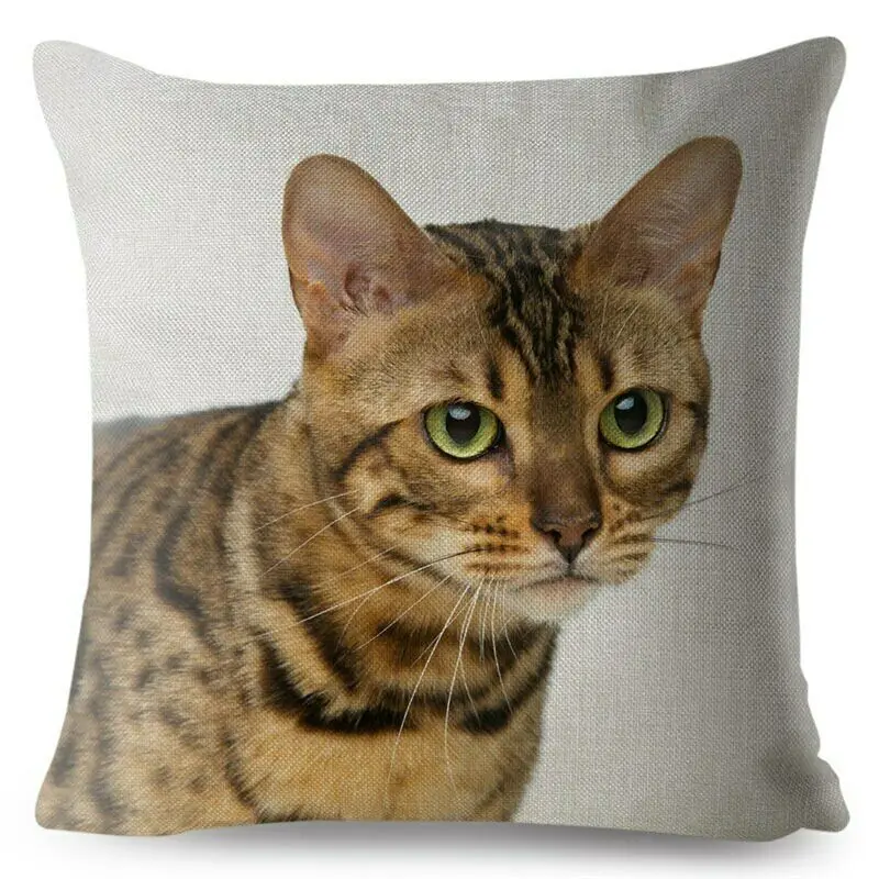 Cute Bengal Cat Print Pillow Cushion Cover Beige Linen Throw Pillows Cases Sofa